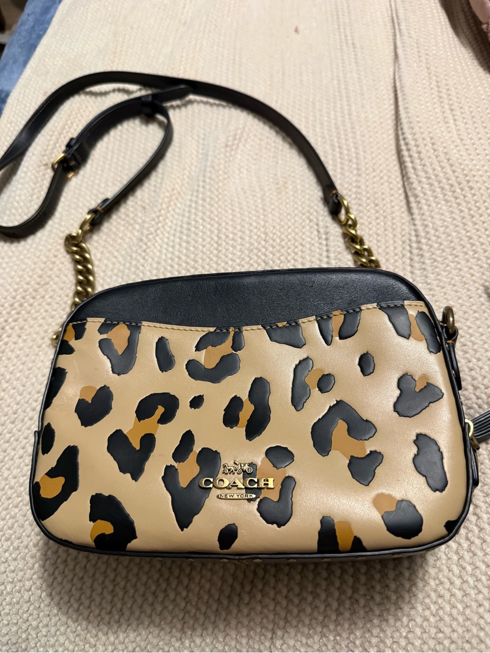 COACH Leopard Print Camera Crossbody Bag in Tan and Black